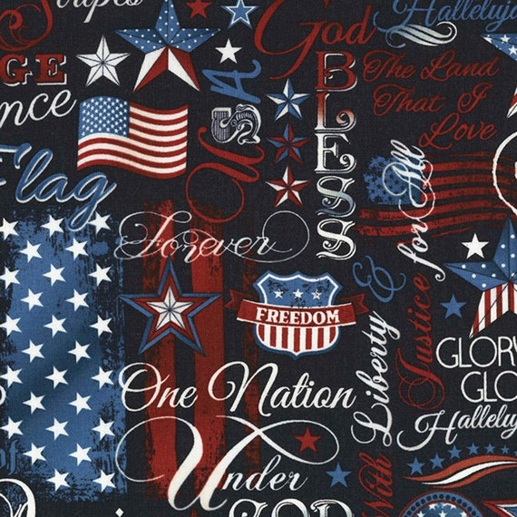 USA Flag Fabric, Patriotic Fabric : Timeless Treasures Patriotic Words Navy - Flags and Star 100% cotton Fabric by the YARD (TT1117KK)