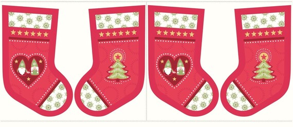 Christmas Fabric: Lewis & Irene Christmas Hygge Stockings Panel RED Santa and Mrs.Claus 100% cotton fabric by the PANEL 18"x43" (M493)