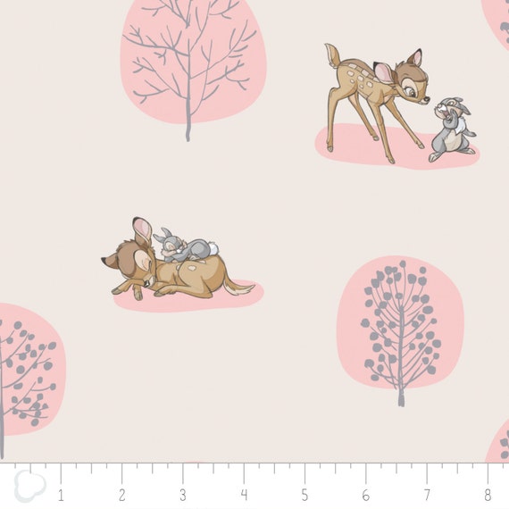 Disney Fabric, Bambi Fabric: Camelot Disney Bambi Forest Scene Light Pink - Bambi & Thumper Rabbit 100% Cotton Fabric by the yard (CA176)