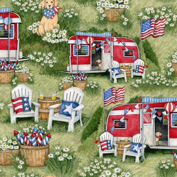 Patriotic Fabric: American Patriotic Supplement Camping with US Flags & Dogs by Susan Winget 100% cotton Fabric by the yard (SC3XX)