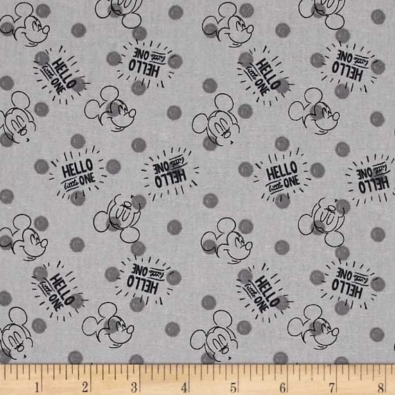 Disney Fabric: Disney Nursery Baby Mickey Hello Little One on Gray - Mickey Head Sketch 100% cotton Fabric By The Yard (SC1157)