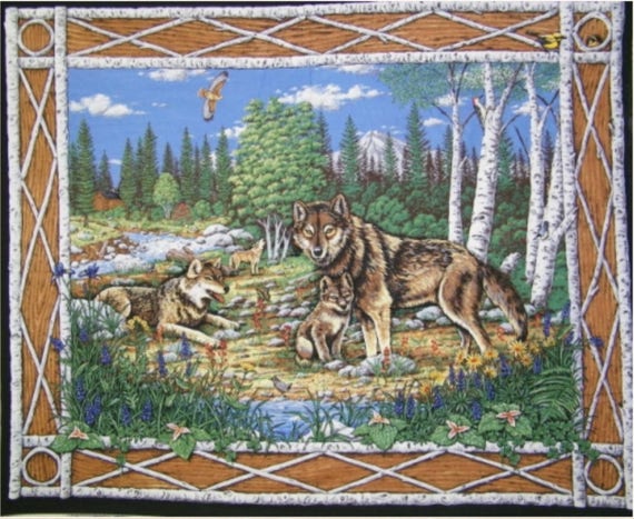 Woodhaven Animals Fabric, Wolf Fabric: Wildlife Wolves Family LOVE  Wallhanging Panel 100% cotton Fabric by the panel (SC968)