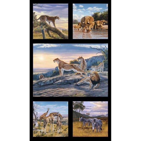 Safari Animals Fabric: NEW Elizabeth's Studio African Animals- Lion, Elephants, Leopard, Giraffe, Zebra 100% cotton Panel 24" x 43" (ES74)
