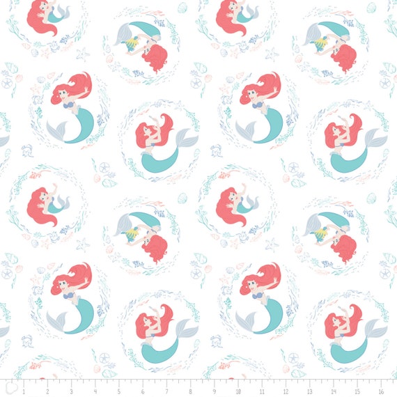 Disney Princess Fabric: Camelot Disney Little Mermaid Ariel Swirl White 100% cotton fabric by the yard (CA767)