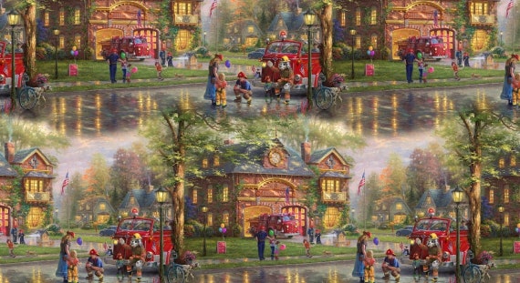 Firehouse Fabric: David Textiles Hometown Firehouse Digitally Printed Firefighters by Thomas Kinkade 100% cotton Fabric By The Yard (DA125)