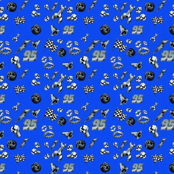 Disney Fabric: Camelot Pixar Coloring Nuts and Bolts Navy Blue - Car Racing symbols   100% cotton Fabric by the yard  (CA874)