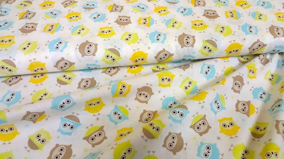 Cartoon Fabric, Owl Fabric: Robert Kaufman Baby Owls Toss Mod Hoot on White 100% cotton fabric by the yard (RK115)