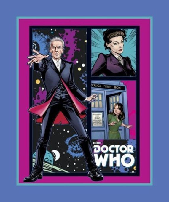 BBC Doctor Who Comics Fabric: BBC Doc Who characters - Telephone Box  100% cotton Fabric by the panel  35.5"x44" (SC355)