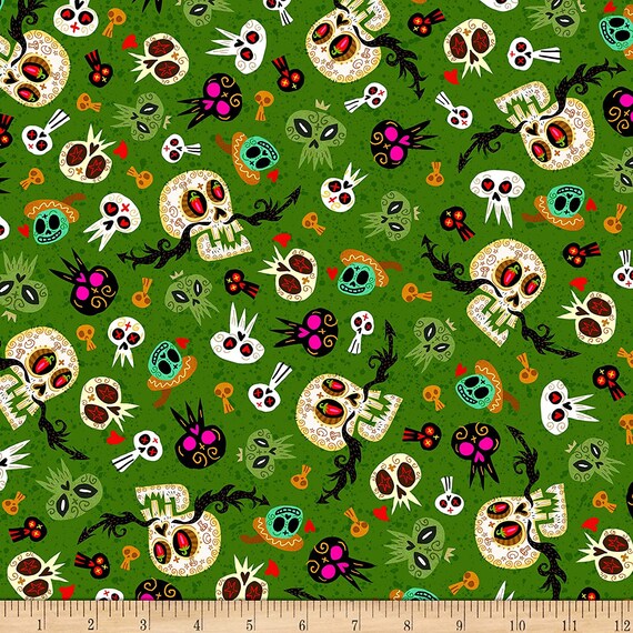 Quilting Treasures Hot Tamale Skull Day of Dead Skulls Green - Día de los Muertos- Calaveras Tela  100% cotton Fabric by the YARD (QT1272KK)