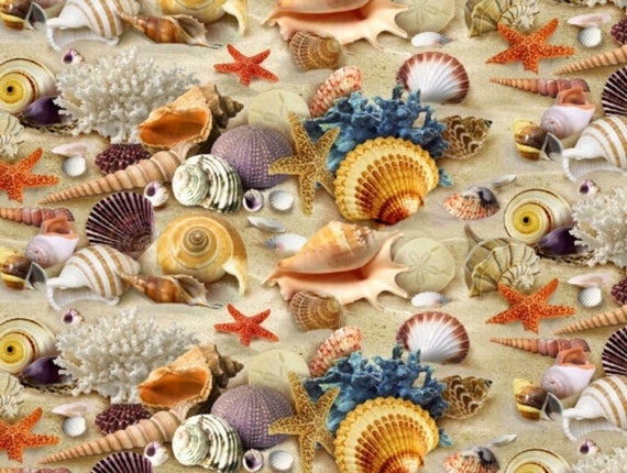 Beach Fabric: Elizabeth's Studio Landscape Medley Ocean Sand Shells 100% cotton fabric by the yard (ES366)