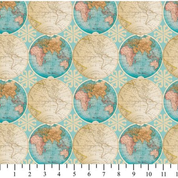 Globes Fabric, Map Fabric: David Textiles Vintage Globes 100% Cotton Fabric By The Yard  (DA93)