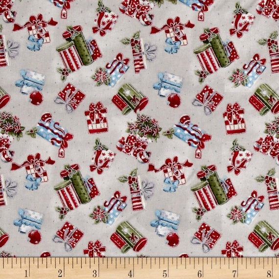Christmas Fabric, Gift Fabric:  Fabri-Quilt Seasons Greeting Christmas Gift, Ornaments Toss on Gray 100% cotton fabric by the yard  (FQ180)