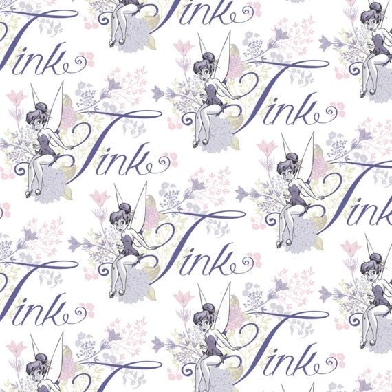 Disney Fabric: Camelot Disney Peter Pan & Neverland Character Tinkerbell Tink in White 100% cotton fabric by the yard (CA753KK)