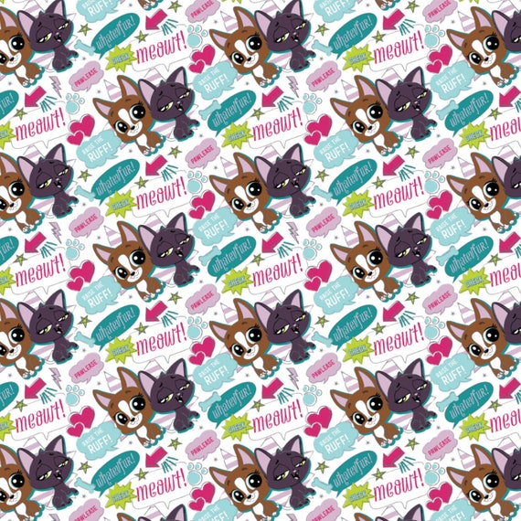 Cat Fabric: Camelot Disney Hasbro Littlest Pet Shop Quotes in Multi   100% cotton fabric by the yard (CA1033)
