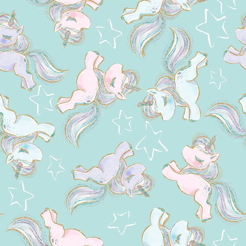 Unicorn Fabric Fabric Editions 3 Wishes Unicorn Sparkle Prancing Unicorns Turquoise 100/% cotton Fabric by the yard Nursery Fabric M530KK