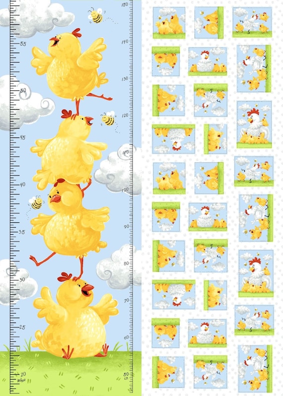 Susybee Fabric Panel : Susybee's Pippa the Hen - Chicken and Chicks Growth Chart panel  100% cotton fabric by the Panel 29.5"x43" (SB57)