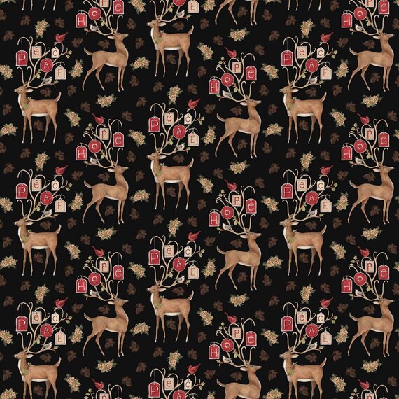 Christmas Fabric, Deer Fabric: Susan Winget Peace Deer Scene Multi Deers toss Black 100% cotton Fabric by the yard 36"x44" (SC480)