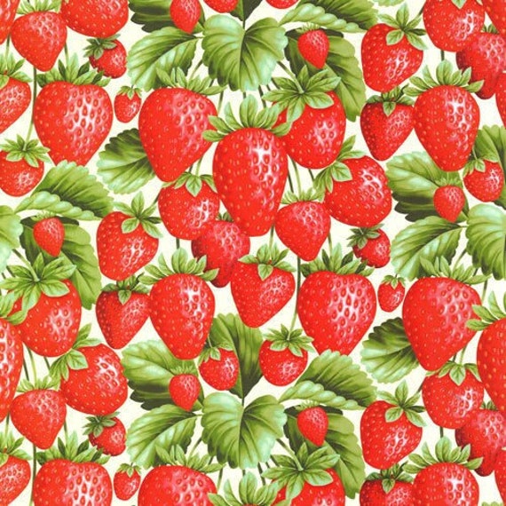 Strawberry Fabric, Fruits Fabric: Fabri-Quilt Fresh Harvest Strawberries and green leaves packed 100% cotton Fabric by the yard (FQ131)