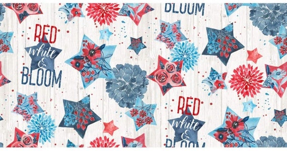 Patriotic Fabric: American Patriotic Supplement Stars Red Blue White Floral by Springs Creative 100% cotton Fabric By The Yard (SC5XX)