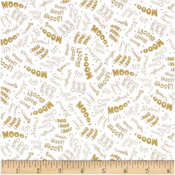 Animal Sound Words Fabric: Quilting Treasures Farm Animal Sounds in words Tan - List of animal sounds 100% Cotton Fabric by the yard (QT693)
