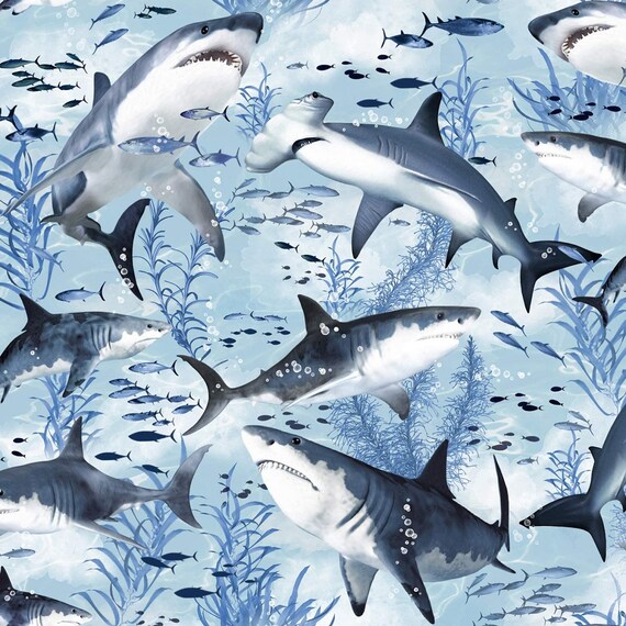 Shark Fabric:  Timeless Treasures Ocean Swimming Sharks Blue Ocean with Fish Premium 100% cotton Fabric by the yard  (TT1252KK)
