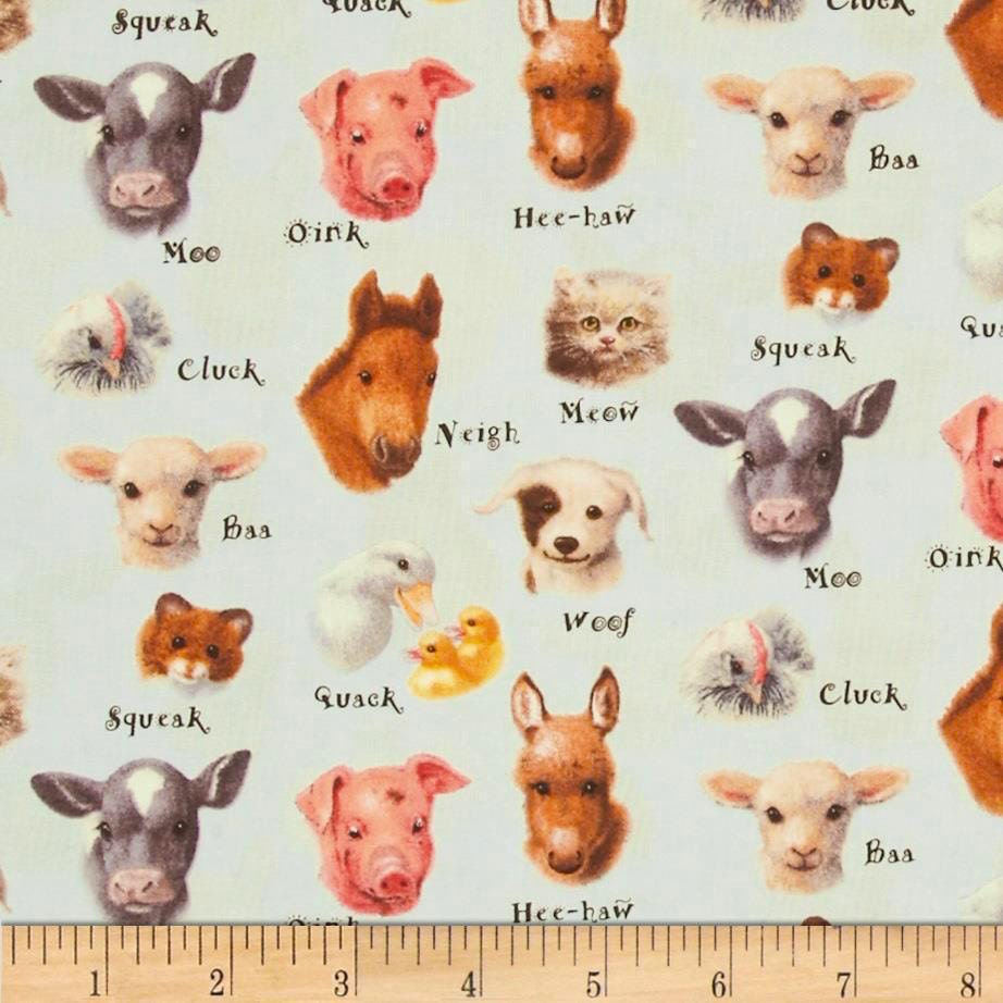 Elizabeth's Studio Animal Friends & Animal Sounds -Pig, Sheep, Horse, Donkey, Cow, Duck, Cat, Dog 100% cotton fabric by the yard Elizabeth's Studio Animal Friends & Animal Sounds -Pig, Sheep, Horse, Donkey, Cow, Duck, Cat, Dog 100% cotton fabric by the yard