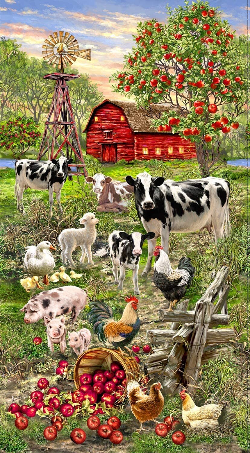 BTY Little Red Barn Farm Animal Toss on Red Fabric 100/% Cotton