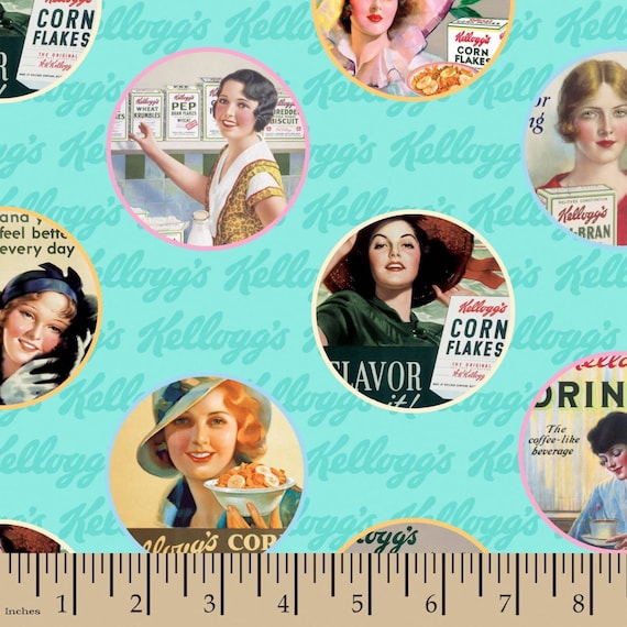 Cereal Fabric, Kellogg's Fabric:Kelloggs Corn Flakes Cereal Vintage Ads Ladies Teal Kellogg's corn flakes ads 100% cotton Fabric by the yard