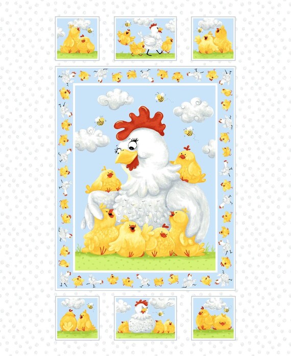 Susybee Fabric, Chicken Fabric : Pippa the Hen and chicks Quilt Top 100% cotton fabric by the Panel 36"x43" (SB50)