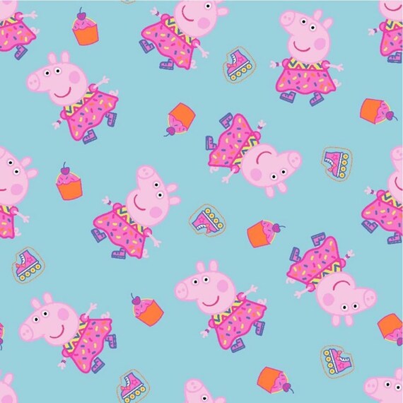 Peppa Pig Fabric: Nickelodeon Peppa Pig Cupcake Dress with Roller Skates Blue 100% Cotton Fabric By The Yard (SC44XX)