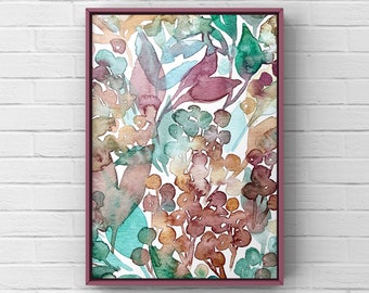 Watercolor Orange Berries and Turquoise Leaves 5 x 7 inches Print