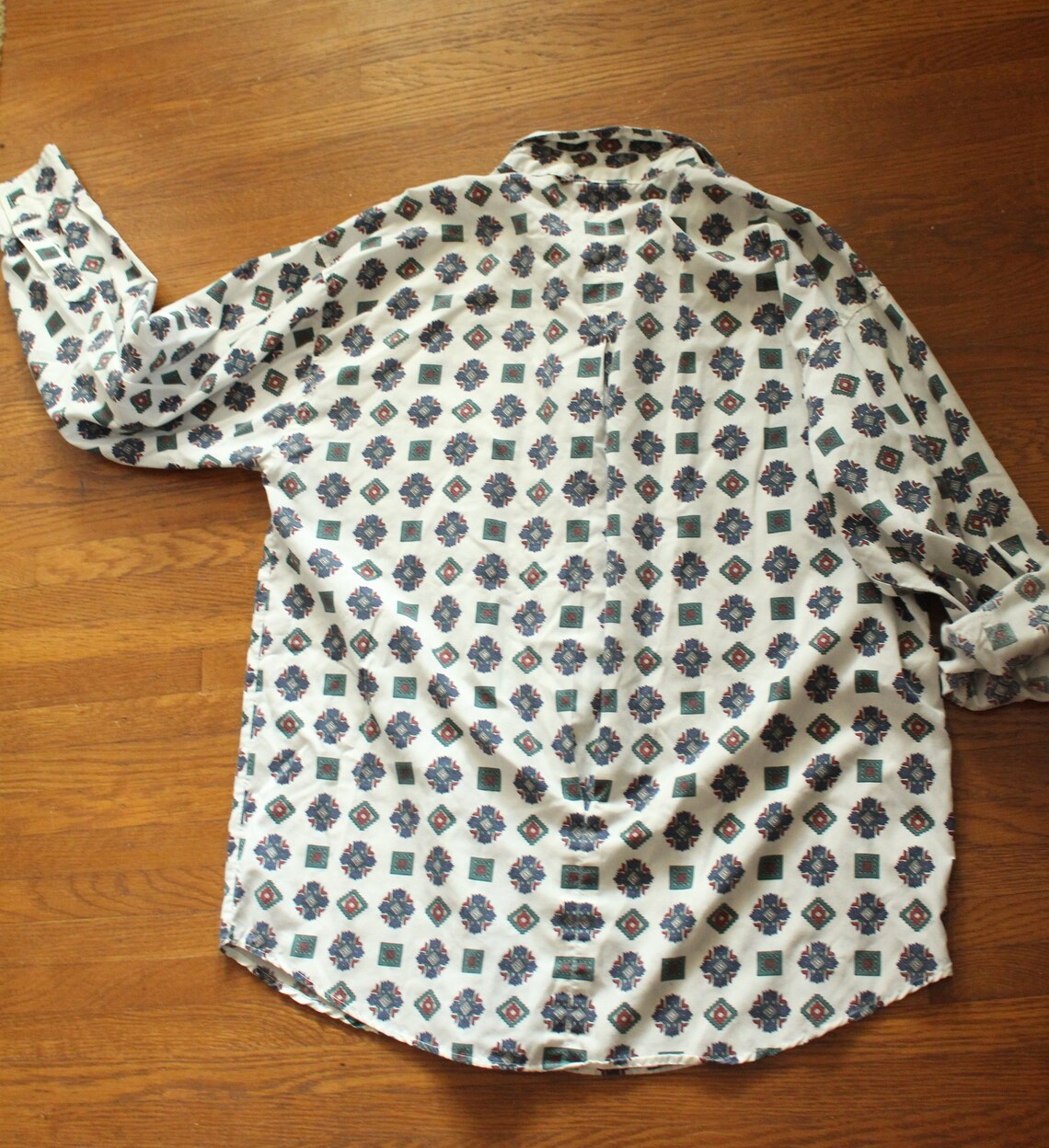 1980s Long Sleeve White Shirt with Floral/Aztec Pattern | Etsy