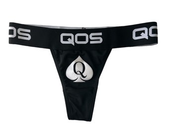 Official ICONIC QOS Brand Queen Of Spades Logo - Sports Brazilian Thong - Hotwife Cuckold Lifestyle - Black White