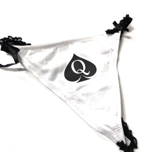 Black & White Lace Cotton Queen Of Spades QOS Logo G-String Thong Tanga- Snowbunny - BBC - Hotwife - Mistress - Sissy - Vixen - Slut Blacked