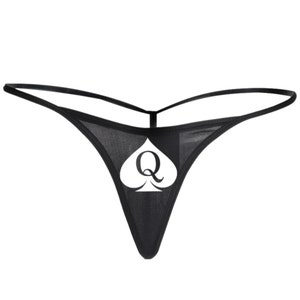 May include: Black thong underwear with a white spade symbol and the letter "Q" printed on the front. The thong features thin straps and a sheer fabric.