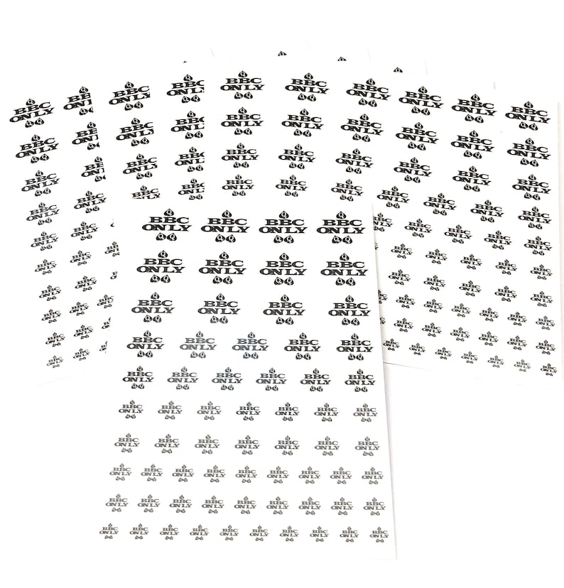 May include: A sheet of stickers with the text "BBC ONLY" repeated multiple times in black text on a white background.