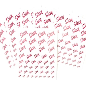 May include: A sheet of white paper with the word "Sissy" printed in pink on it. The word is repeated many times on the sheet.