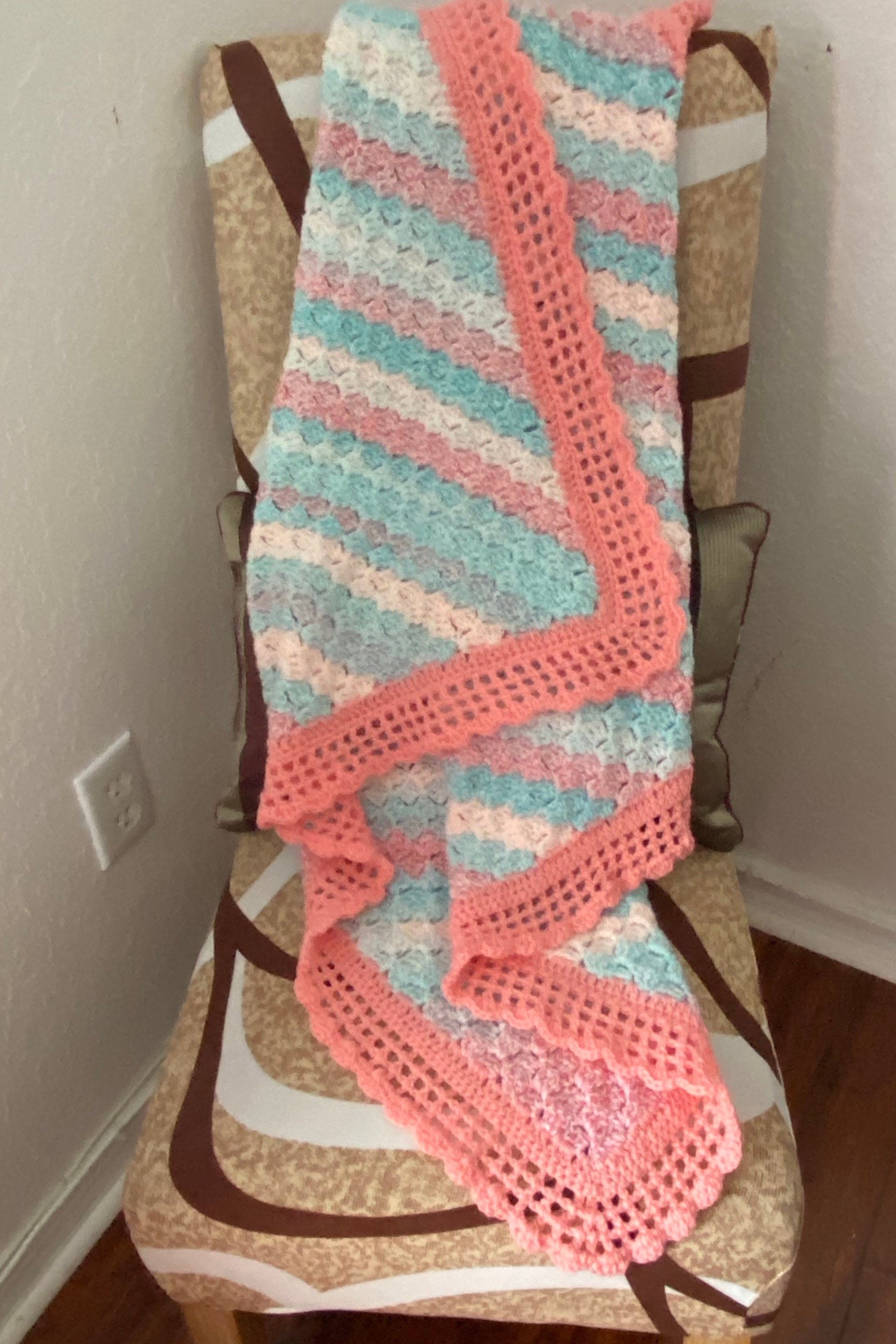 Coral salmon Cotton Candy Crochet Baby Afghan Blanket 34 X 35 Handmade