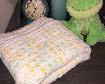 Majowa oferta specjalna ~ Biały cytrusowy (zielony i żółty) kocyk dla niemowląt szydełkowany (35" x 31"), ręcznie robiony
