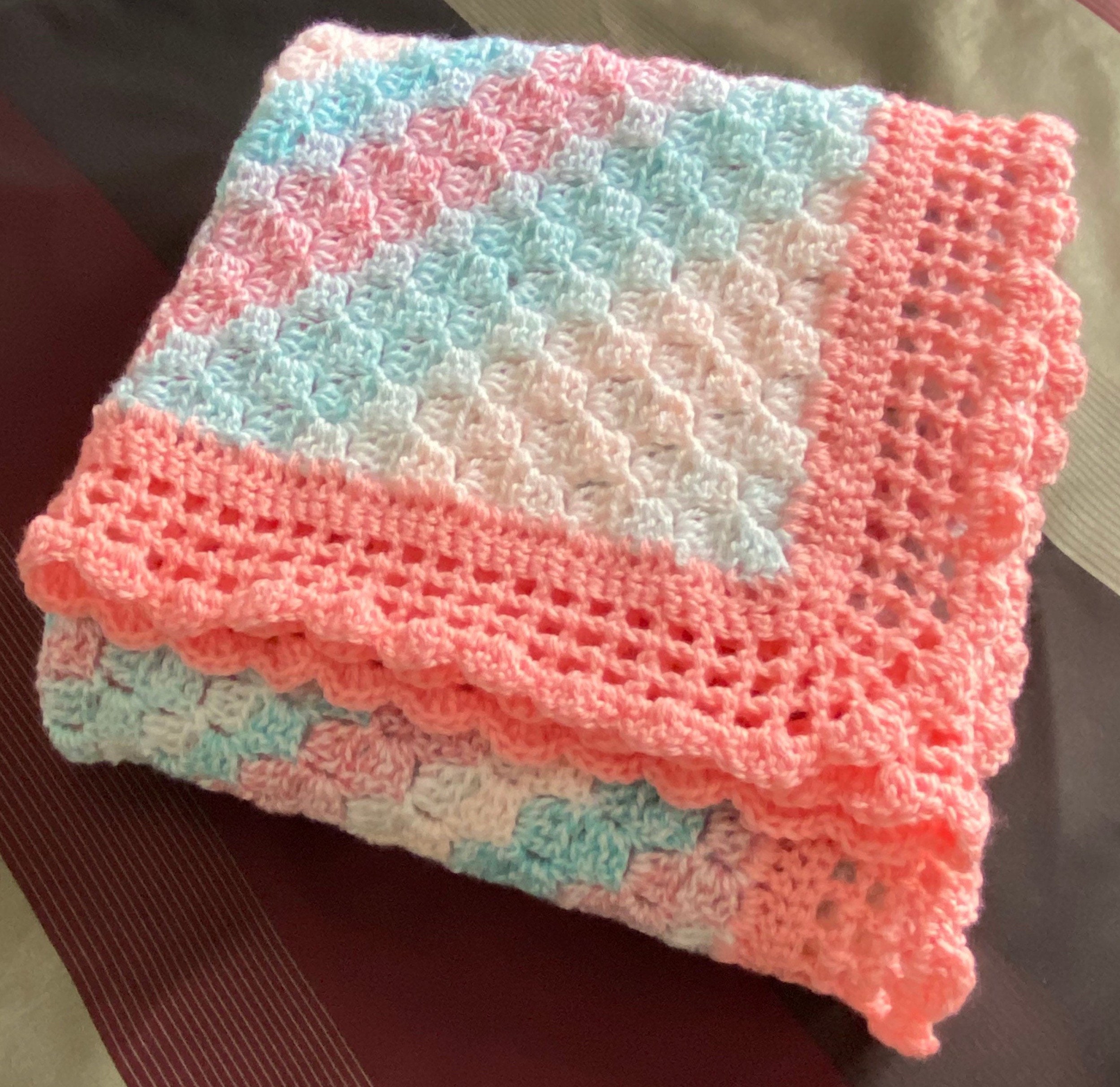 Coral salmon Cotton Candy Crochet Baby Afghan Blanket 34 X 35 Handmade
