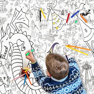 May include: A child colors a large coloring page with a dragon and knights. The page is filled with black and white illustrations of a medieval fantasy scene. The child is using colored markers and pencils.
