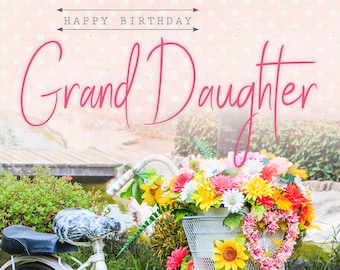 May include: A white bicycle decorated with colorful flowers, a basket, and the words "Happy Birthday Granddaughter".
