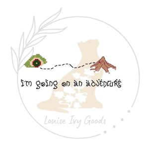 May include: A white silhouette of a cat with a dotted line path leading from a green and red house to a brown mountain. The text "i'm going on an adventure" is written below the cat. The text "Louise Ivy Goods" is written below the path.