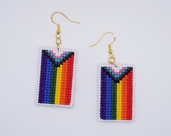 Handmade Progress Pride Flag Earrings: Cross-Stitched Statement Jewelry