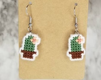 Cactus Earrings, Cactus Dangle Earrings, Cactus Cross Stitch, Cactus Gifts, Gifts for Plant Lovers, Cactus Jewelry, Succulent Earrings