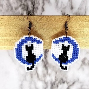 Handmade Cross-Stitched Cat and Moon Earrings: Whimsical Lunar Jewelry
