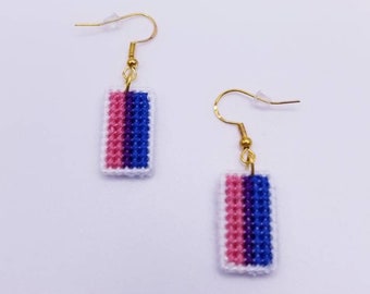 Handmade Bisexual Pride Flag Earrings: Cross-Stitch Dangle