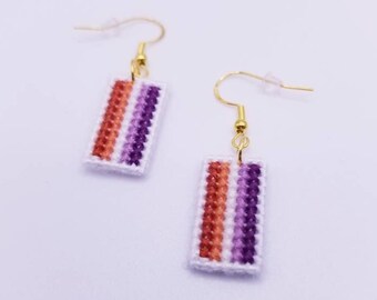 Lesbian Pride Flag Earrings: Handmade Cross-Stitch Dangle Earrings