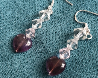 Amethyst Heart Charm Dangle Earrings