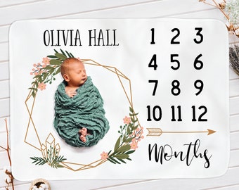 Baby Girl Milestone Blanket - Geometric Modern Month Tracker -Newborn Photography Backdrop -Personalized Shower Gift - Baby Photo Prop